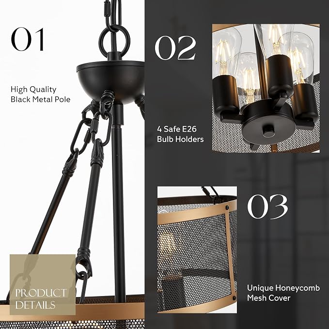 Modern 14" Small Black Gold Mesh Drum Chandelier for Dining Room Industrial Retro Semi Flush Mount 4-Light Round Ceiling Light Fixture for Kitchen Bedroom Living Room Hallway Entryway Foyer - Image 7