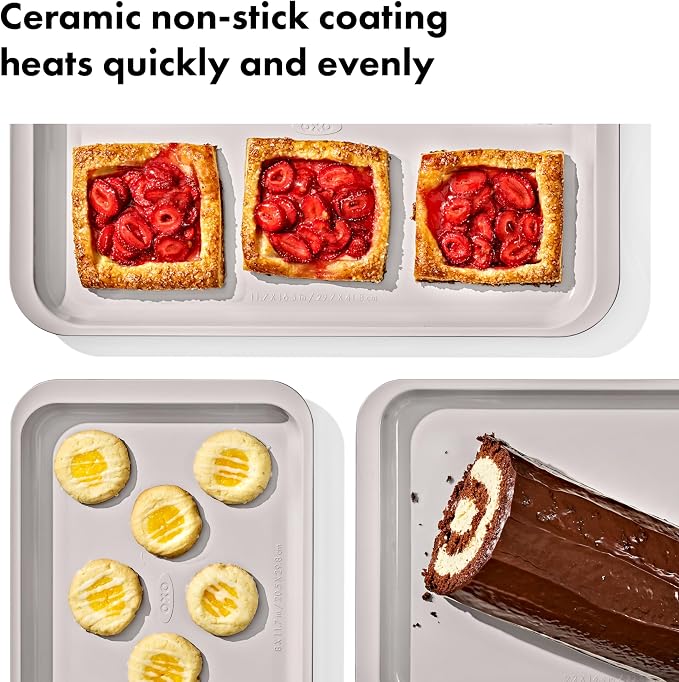 OXO Good Grips Non-Stick Pro Ceramic Coated Metal Bakeware 3-Piece Sheet Pan Set – Biscuit - Image 4