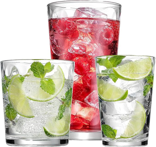 Set of 12 Elegant Everyday Stackable Drinking Glasses - Includes 4-17oz Highball Tumbler Glassware, 4-13oz DOF Rock Glasses, 4-7oz Juice Glasses for Mixed Drinks, Water, Beer, Wine. by BellaVino