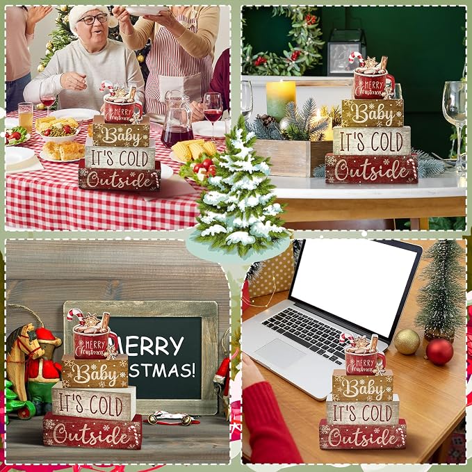 Moucuny 4 Pcs Christmas Table Decor Wooden Hot Cocoa Decoration Christmas Centerpiece Winter Tiered Tray Decor Decorative Red Hot Cocoa Block Signs Gift Farmhouse Xmas Decoration for Home Kitchen - Image 5