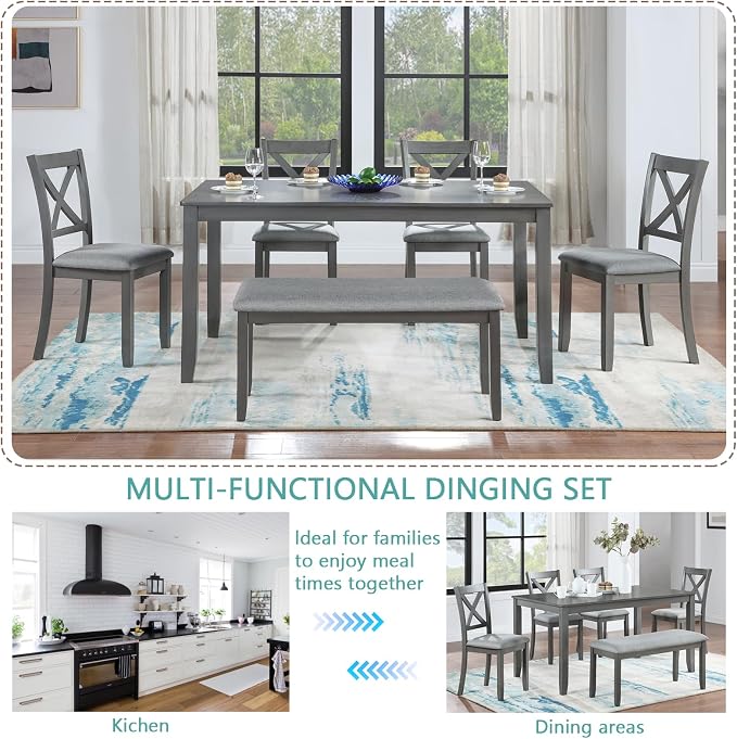 6-Piece Dining Table Set with Bench and Chairs - Solid Wood Kitchen Dining Room Table Set in Farmhouse Rustic Style, Table Set for 6 with 4 Chairs and Bench Seat.(Gray_Large) - Image 4