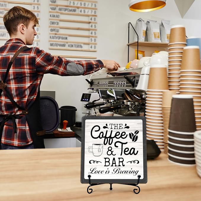 Coffee Bar Sign, Love is Brewing Farmhouse Tabletop Decor, Coffee and Tea Lover Gifts, 5x5 Wood Plaque with Iron Stand for Home Kitchen Cafe, Coffee Bar Decor – L08 - Image 6