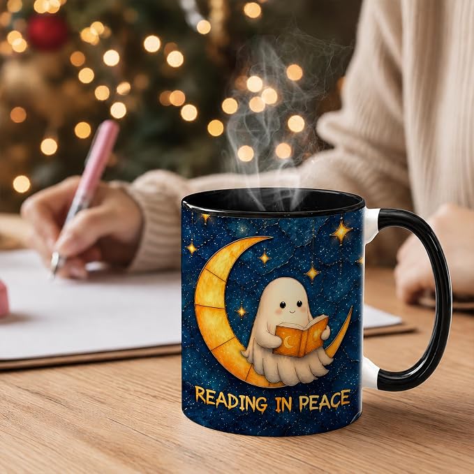 Hyturtle Cute Ghost Reading Mug with Spoon Gift for Book Lover on Halloween | Spooky Ghost Reading Themed Gifts for Readers, Halloween Decor, Double-sided print 11oz ceramic mug, Comfort grip handle - Image 6