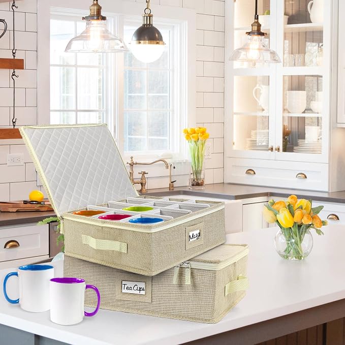 LotFancy Cup and Mug Storage Box, Hard Shell, China Coffee Mug Storage Container for Moving, Holds 12 Tea Cups, with Dividers & Handles, Beige - Image 7