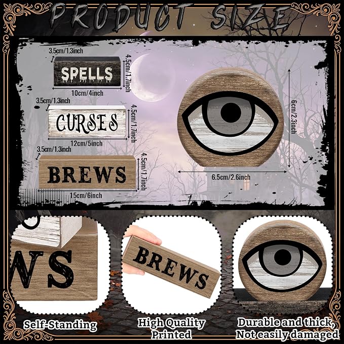 Moucuny 4 Pcs Halloween Table Decor Witchy Wooden Stacked Block Decor, "Spells Curses Brews" Signs with Eyeball Topper, Rustic Gothic Halloween Tiered Tray Decoration for Home Office Kitchen Shelf - Image 2