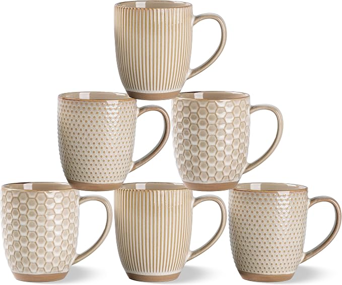 GBhome Large Coffee Mugs Set of 6, 16oz Handmade Embossed Coffee Mugs Set with Large Handle for Cappuccino/Latte/Tea/Hot Cocoa, Dishwasher & Microwave Safe, Khaki by GBhome