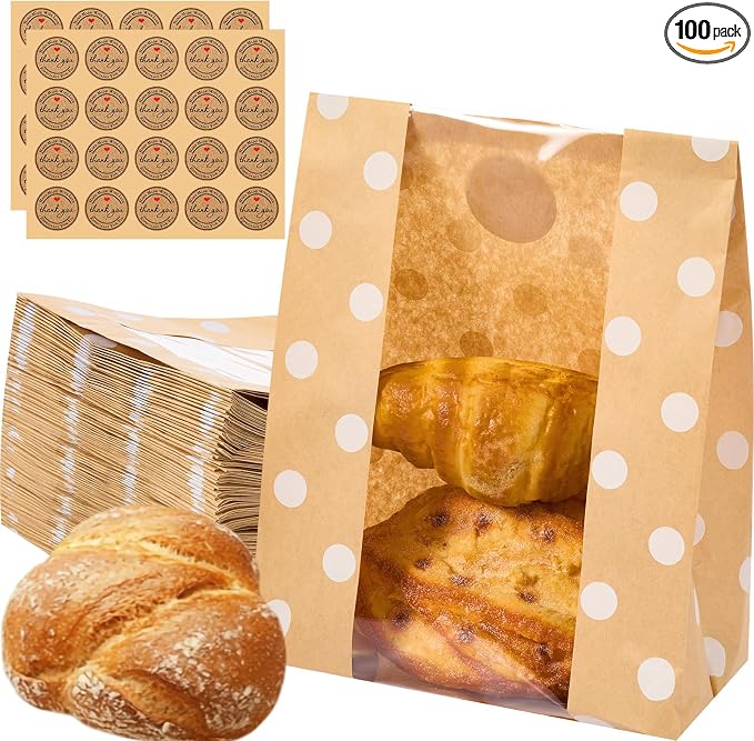 Feifeiya 100 Pack Kraft Paper Bread Bags for Homemade Sourdough Bread with Window & Stickers, 13.7x8.3 Large Bakery Bags for Loaves Greaseproof Food Packaging for Baking Gifts, Brown(Classic) by Feifeiya