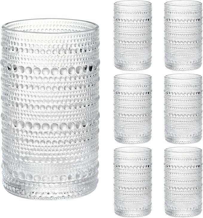 Moretoes Large 15oz Hobnail Drinking Glasses Set of 6 | Glass Cups, Kitchen Drinkware Glassware,Embossed Water Tumbler for Beer,Cocktail,Whiskey,Juice and Various Mixed Drinks by Moretoes