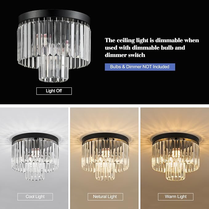 12.6" Black Crystal Ceiling Light 4-Light Modern Fixture 2-Tier Luxury K9 Crystal, for Dining Room Kitchen Island Living Room Bedroom - Image 3