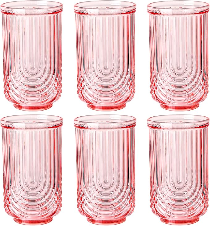 Pink Vintage Drinking Glasses Set of 6-17oz Hand-Blown Highball Ribbed Glassware, Arch Design Cocktail Glasses for Whiskey Water Beverages Ice Coffee Juice Milk by TrophyToast