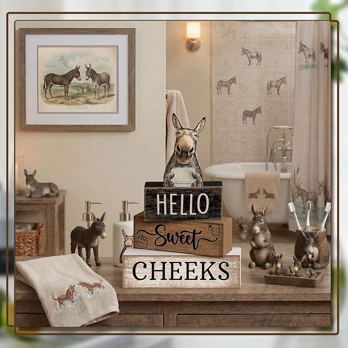 Moucuny 4 Pcs Donkey Bathroom Decor Set Farmhouse Bathroom Decor and Accessories Rustic Hello Sweet Cheeks Wooden Blocks Signs Funny Donkey Toilet Shelf Decoration for Home Office Half Bath - Image 2