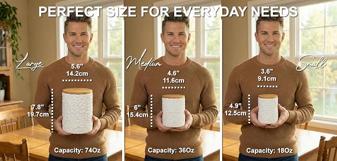 Engraved Design Kitchen Canisters Set of 3 with 74 Oz, 36 Oz, and 18 Oz - White Storage Jars for Countertop with Airtight Bamboo Lids - Large Flour Tea Coffee Sugar Spices Container - Decorative - Image 4