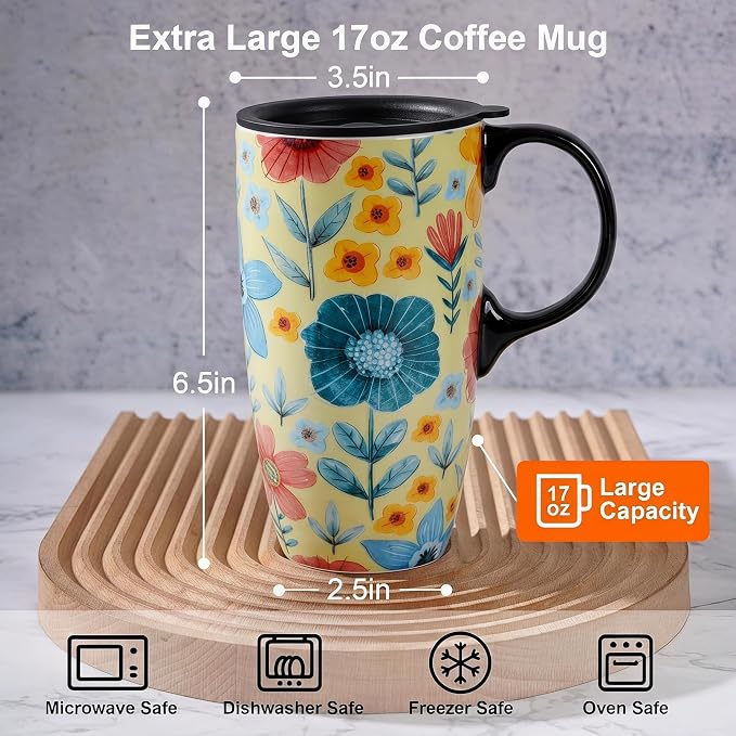Topadorn 17oz Ceramic Travel Mug with Lid, Floral Coffee Mug | Large Ceramic Travel Cup, Microwave & Dishwasher Safe, Gift Box Included - Image 6