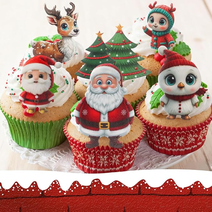 46 PCS Edible Christmas Cake Decorations, Wafer Paper Santa, flowers, bees, maple leaves suitable for Christmas cupcake decoration mix by Unknown