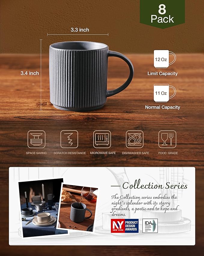 famiware Coffee Mug Set for 8, Star 12 oz Catering Mugs Cup Set with Handle for Coffee, Tea, Cocoa, Milk - Ceramic Stoneware Drinkware Set, Matte Dark Charcoal - Image 3
