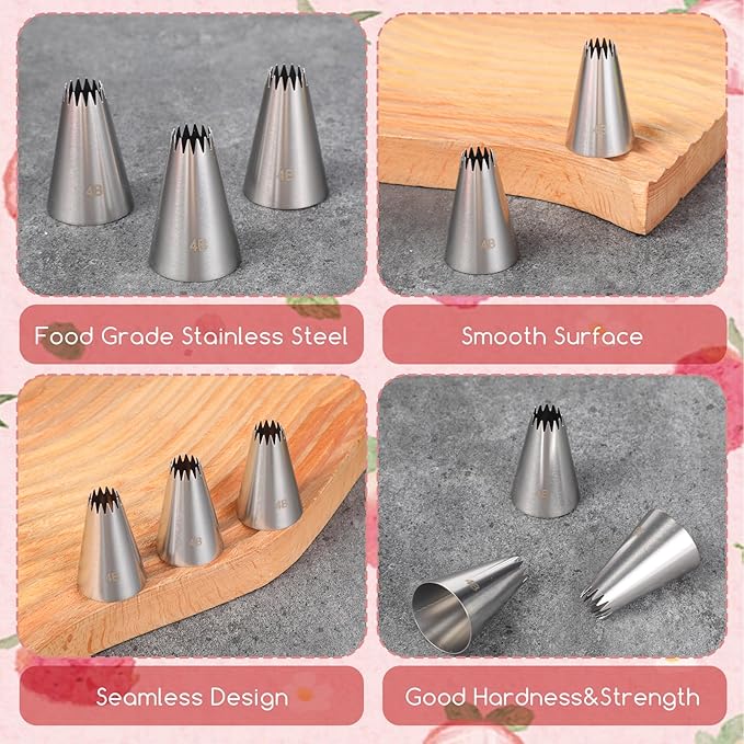 3Pcs 4b Tip Piping Icing Tips for Cake Decorating Frosting Tips for Pipings Icing Star Piping Tip Stainless Steel 4B Open Stars Cake Decorating Tipp, Silver
