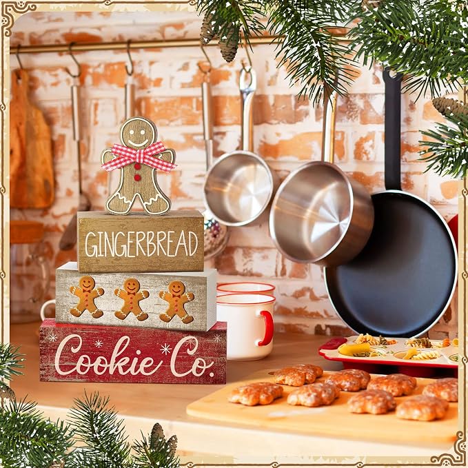 Moucuny 4 Pcs Christmas Table Decor Gingerbread Man Decoration Christmas Centerpiece Winter Tiered Tray Decor Rustic Gingerbread Block Signs Gift Winter Table Decoration for Xmas Party Kitchen Home - Image 3