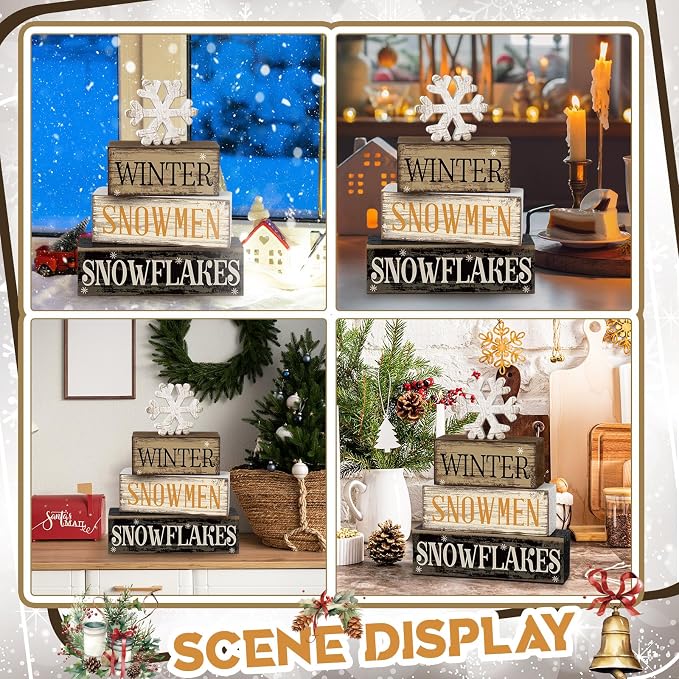 Moucuny 4 Pcs Winter Table Decorations Wooden Snowflake Decor Christmas Tiered Tray Decor Rustic Snow Block Signs Gift Farmhouse Christmas Centerpiece for Winter Wonderland Party Kitchen Shelf Home - Image 5