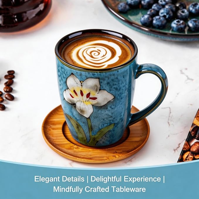 12oz Coffee Mugs Set of 4, Hand-Painted Floral Stoneware Cups with Handle, Dishwasher Microwave Oven Safe, Cappuccino Mugs for Latte, Tea, Espresso & Hot Cocoa, for Home Kitchen & Cafe, Blue - Image 6