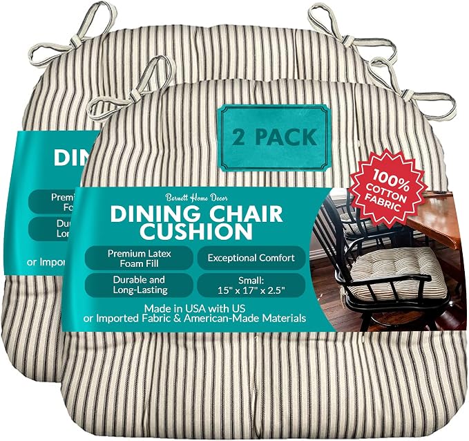 Barnett Home Decor Ticking Stripe Black Dining Chair Pad with Ties - Pack of 2-17" x 15" Size Small Chair Cushion - Latex Foam Fill - Machine Washable, Reversible, 100% Cotton, Made in USA by BarnettHomeDecor