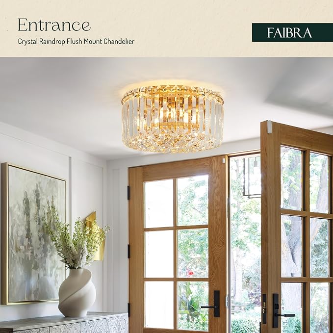 12.6" Gold K9 Crystal Raindrop Flush Mount Ceiling Light, Modern Chandelier, Round Luxury Light Fixture for Dining Room, Bedroom, Hallway, Kitchen Island & Living Room - Image 4