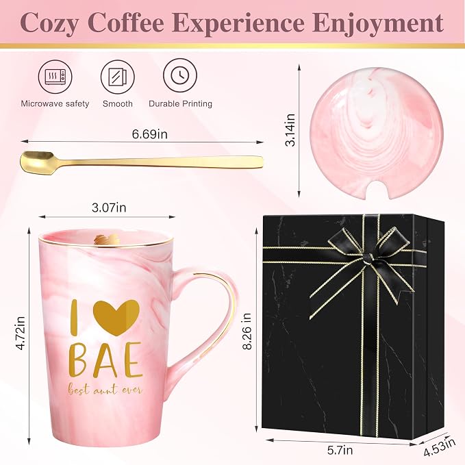 ShinnyWis Aunt Gifts for Aunts from Niece - Mothers Day Birthday Gifts for Aunt, 14Oz Pink Marble Ceramic Coffee Mugs Print with Real Gold, BAE Best Aunts Auntie Ever Gift Mug with Lid Spoon Card - Image 4