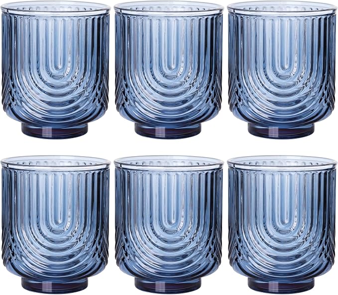 Blue Vintage Drinking Glasses Set of 6-15oz Hand-Blown Highball Ribbed Glassware, Arch Design Cocktail Glasses for Whiskey Water Beverages Ice Coffee Juice Milk by TrophyToast