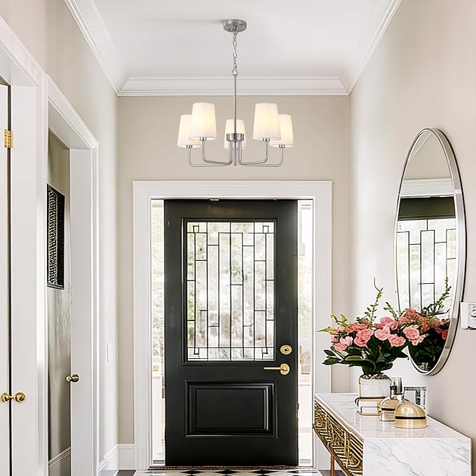 Modern Brushed Nickel 5-Light Chandelier, Farmhouse Industrial Dining Room Light Fixture Over Table with White Fabric Shade, Hanging Pendant Lighting for Kitchen Island Bedroom Living Room Entryway - Image 6
