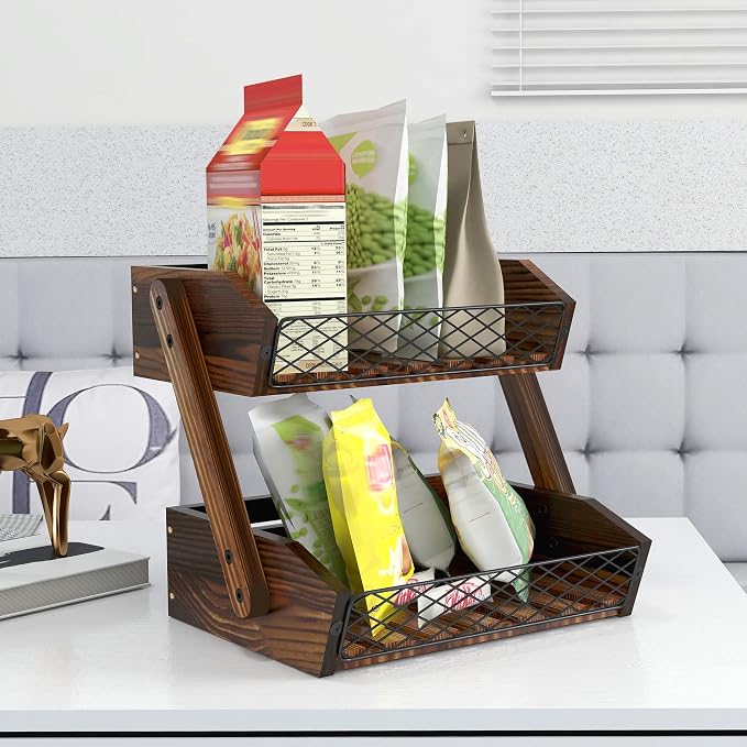 Dorhors Fruit Basket for Kitchen Counter Organizer,Fruit Bowl Stand Storage | 2 tier Rustic Brown Vegetable Holder,Wood Bread Display Rack,Kitchen Countertop Organizer Shelf for Snack,Onion,Banana,Potato - Image 7