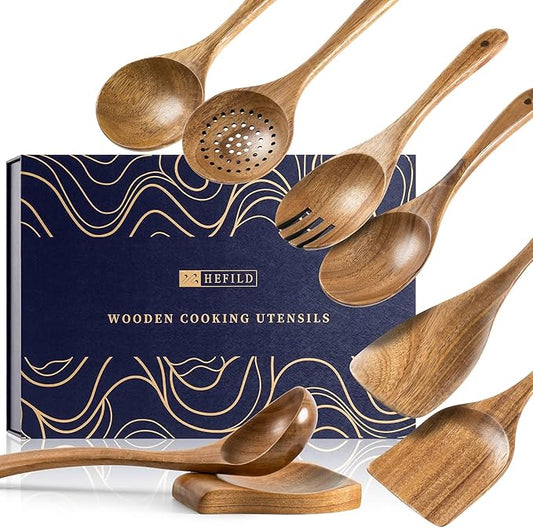Wooden Spoons for Cooking, 8-Piece Acacia Wood Utensil Gift Set | Spoons and spatulas stir, mix, flip and serve; gift-ready box makes it ideal for housewarmings, weddings and new kitchens. by HEFILD