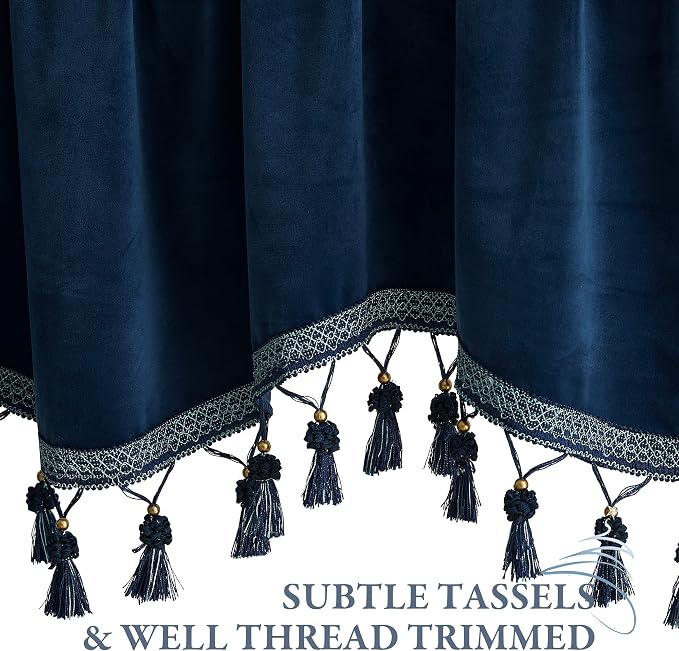 Navy Blue Tassel Velvet Valances Curtains 52x18 Inch 2 Panels | Luxury Thick Scalloped Valances for Kitchen, Office, Rod Pocket Privacy Home Decoration for Living Room - Image 4
