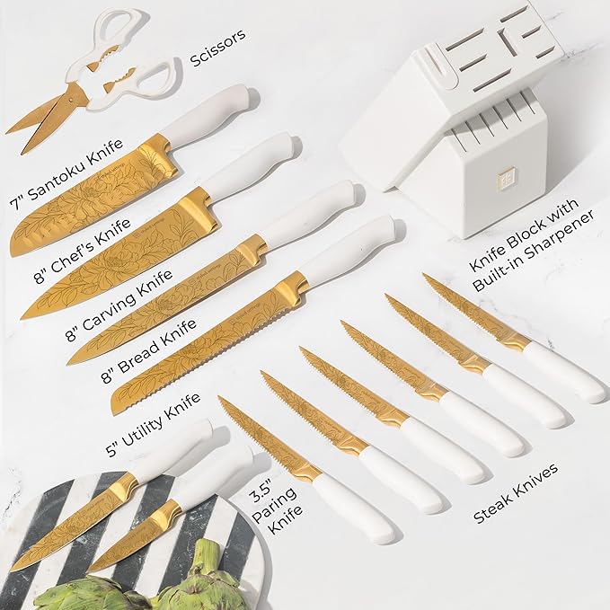 Styled Settings White and Gold Knife Set with Elegant Floral Pattern, 14-PC | Golden Titanium-Coated Stainless Steel Gold Knives with Block, Ultra-Sharp, Durable Kitchen Knife Block Set - Image 4