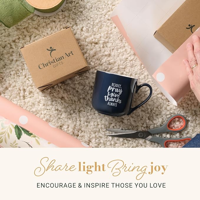 Christian Art Gifts Large Inspirational Ceramic Coffee & Tea Scripture Mug for Women: Rejoice, Pray & Give Thanks Encouraging Bible Verse, Microwave/Dishwasher Safe Cup, Navy & White Multicolor Floral - Image 6