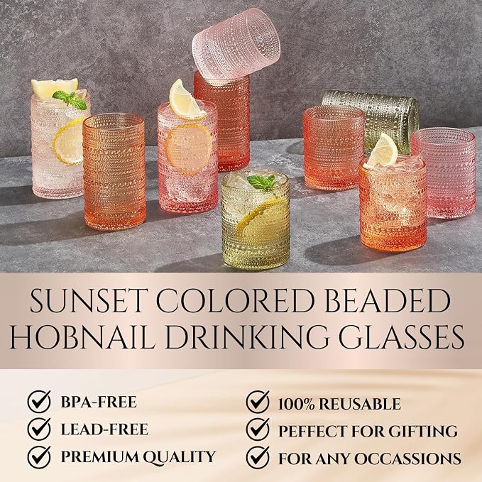 Hobnail Beaded Highball Drinking Tumbler Glasses | Set of 10 | Color, Vintage Bubble Design Whiskey Glassware, Old-Fashioned, Embossed Design, Water, Wine, Cocktail Embossed Heavy Glass, Rocks Glass - Image 2