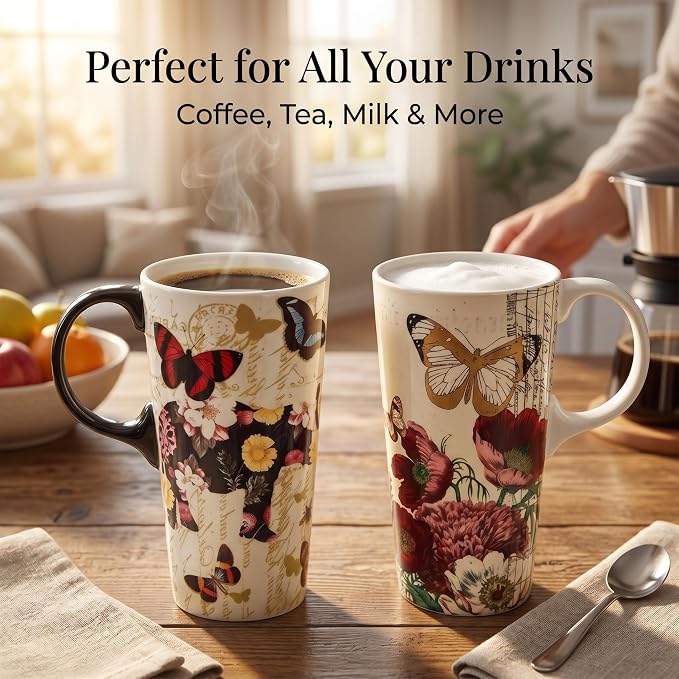 Topadorn 2-Pack 17oz Ceramic Travel Mug with Lids, Butterfly Floral Mugs | Set of 2 Coordinated 17oz Mugs, Vintage Butterfly & Floral Designs, Spill-Resistant Lids, Matching Gift Boxes Included - Image 8
