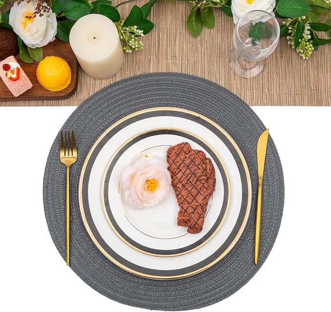 SHACOS Round Placemats Set of 6 Washable 15 inch Round Table Mats Cotton Polyester Woven Braided Place Mats for Dining Table (Charcoal Gray, 6) - Image 7