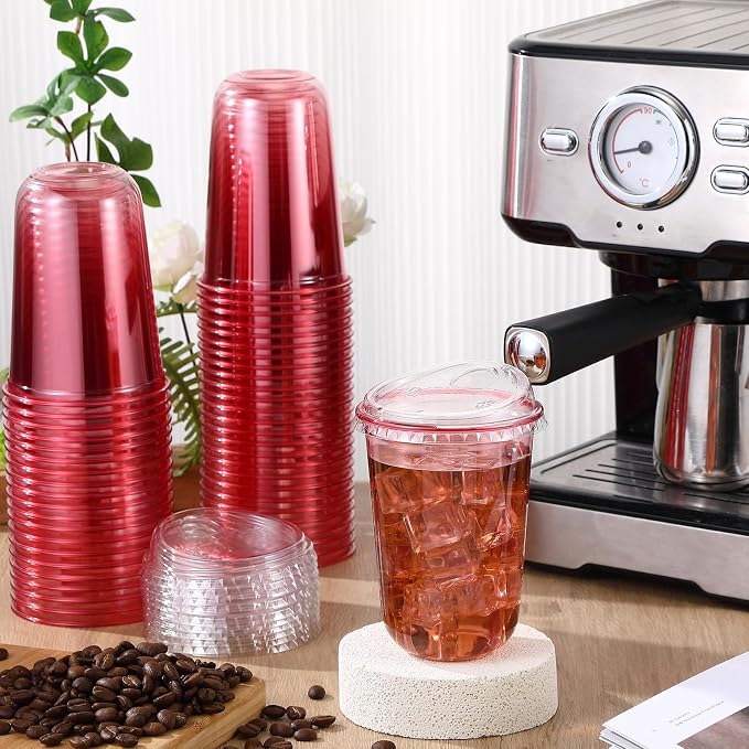 Ziliny 50 Sets Clear Plastic Coffee Cups with Sip Lids, Disposable Plastic PET Crystal Cups for Iced Coffee, Smoothie, Cold Beverage, Drink Shops and Party Catering (Pink,16 oz) - Image 2
