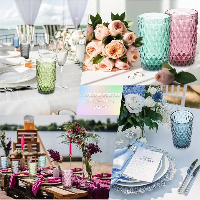 Topsky Highball Drinking Glasses Set of 6,12 oz Colored Glassware with Geometric Diamond Pattern,Embossed Diamond Tumblers,Blue Vintage Glassware Set for Beer,Juice,Cocktail - Image 5