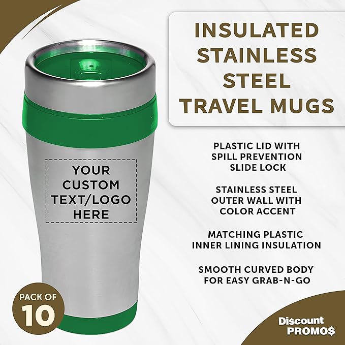 Custom Insulated Stainless Steel Travel Mugs 16 oz. Set of 10, Personalized Bulk Pack - Perfect for Coffee, Soda, Other Hot & Cold Beverages - Green