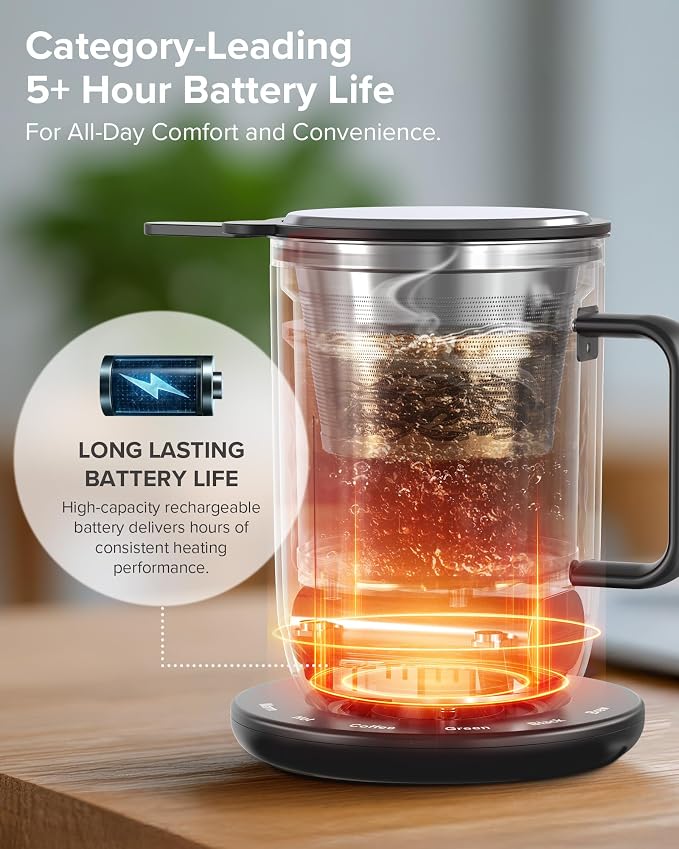 Nuwave Self-Heating Coffee Mug with Charging Base, 16oz, 45201BV02 | Heated Coffee Cup, 5Hr Cordless Runtime, LED Touch Controls, Adjustable Brew Settings, Includes Stainless Steel Filter - Image 4