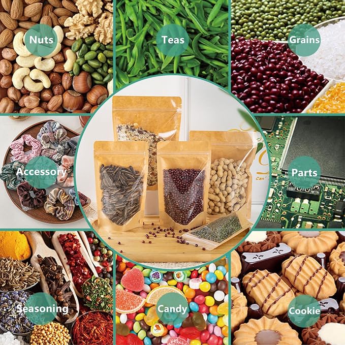 50pcs Kraft Bags With Window Clear Fornt Pouches Resealable Stand Up Zip Lock Food Storage Bags Brown 6.2"x8.6" - Image 4