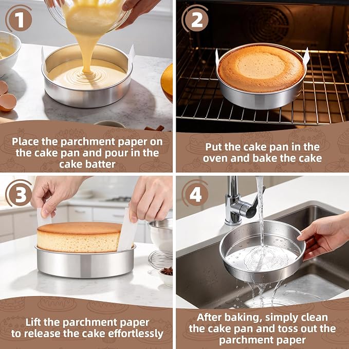 TeamFar 8 Inch Cake Pan Tins Set of 2, with 90 Pcs Parchment Paper | Stainless Steel Round Layer Cake Bakeware for Birthday Wedding, Non-Toxic & Easy Release, Mirror Finish & Dishwasher Safe - Image 7