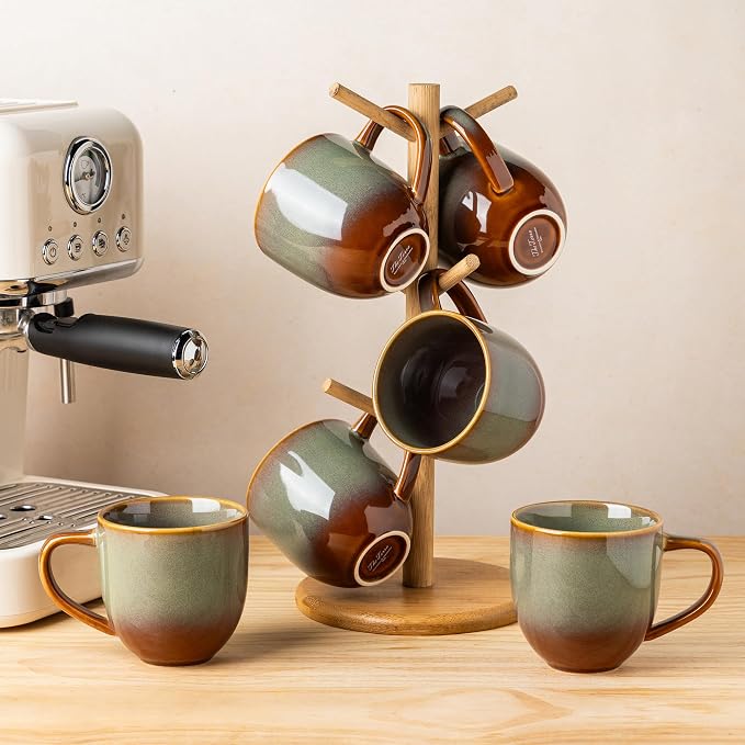 theterra Ceramic Coffee Mugs Set of 6, 12 oz Coffee Cups with Handle | Handmade, Suitable for Latte, Tea, Milk, Beer & Hot Cocoa, Sage Umber - Image 7