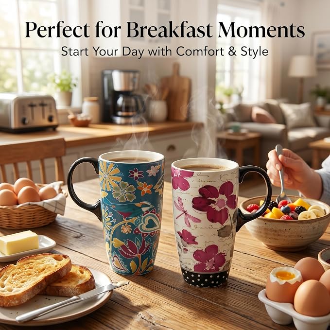 Topadorn Set of 2 Ceramic Travel Mugs, 17oz Floral Coffee Mug Set with Lids | Nature-Inspired Floral & Bird Artwork • Comfortable Handles • Microwave & Dishwasher Safe • Gift Boxes Included - Image 7