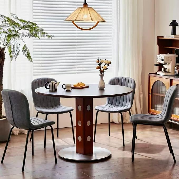 Dining Chair Set of 4, PU Leather Kitchen Chairs, Dark Grey | Black Metal Legs, Curved Backrest, Upholstered, Modern Comfort for Dining Room, Easy Clean, Space-saving, Restaurant & Cafe by SQPFTW
