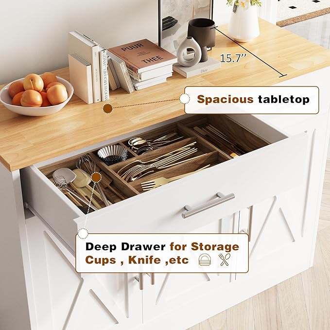 Vongrasig Buffet Cabinet with Storage, 43” Farmhouse Coffee Bar Cabinet with 3 Doors, Wood Buffet Table for Kitchen Dining Room Living Room, Off White - Image 5