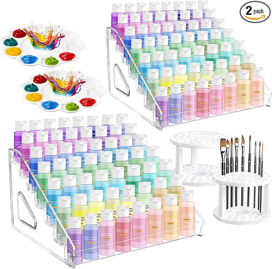 2 Pcs Clear Acrylic Paint Organizer Rack with Brush Holder, 7 Layer Acrylic Paint Tube Organizer, Snap-On Craft Organizers and Storage for Versatile Storage, No-Tools Setup & Quick Access (2 Set)