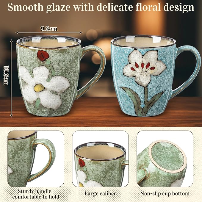 Maxdot 2 Pcs 12oz Ceramic Coffee Mugs Sets Glazing Process Cappuccino Mug Floral Ceramic Tea Cups Idea Gift Set for Women Porcelain Cup for Coffee, Cocoa, Tea, Latte (Retro) (Fresh) - Image 2