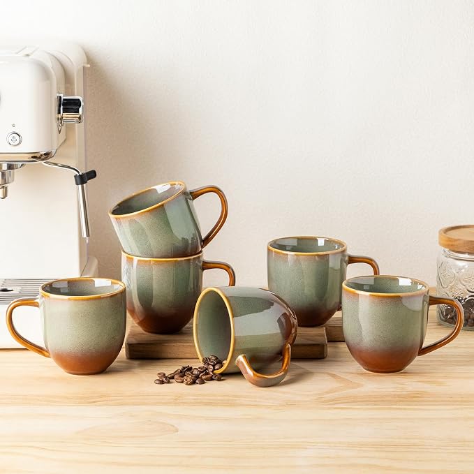 theterra Ceramic Coffee Mugs Set of 6, 12 oz Coffee Cups with Handle | Handmade, Suitable for Latte, Tea, Milk, Beer & Hot Cocoa, Sage Umber by TheTerra