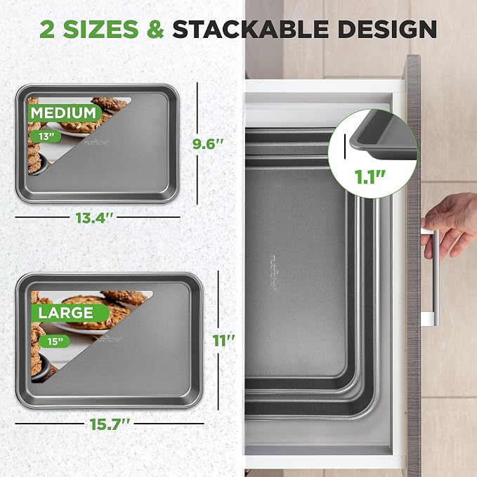 NutriChef 2-Piece Nonstick Cookie Sheet Baking Pan Set - Premium Bake Trays w/ Sleek Non-Stick Coating PFOA, PFOS, & PTFE Free - Large (15"x11") & Medium (13"x9") - Dishwasher Safe - Image 3